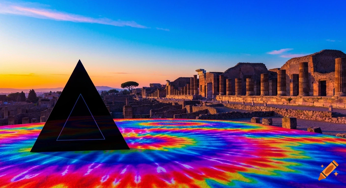 An avant-garde landscape photo of ancient Pompeii ruins at sunset, with a black prism on a tie-dye ground.