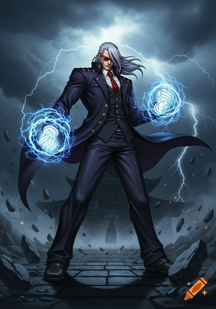 A male character with long white hair, red sunglasses, and a dark suit stands generating blue lightning from his fists, against a stormy sky with lightning and a distant Asian temple.