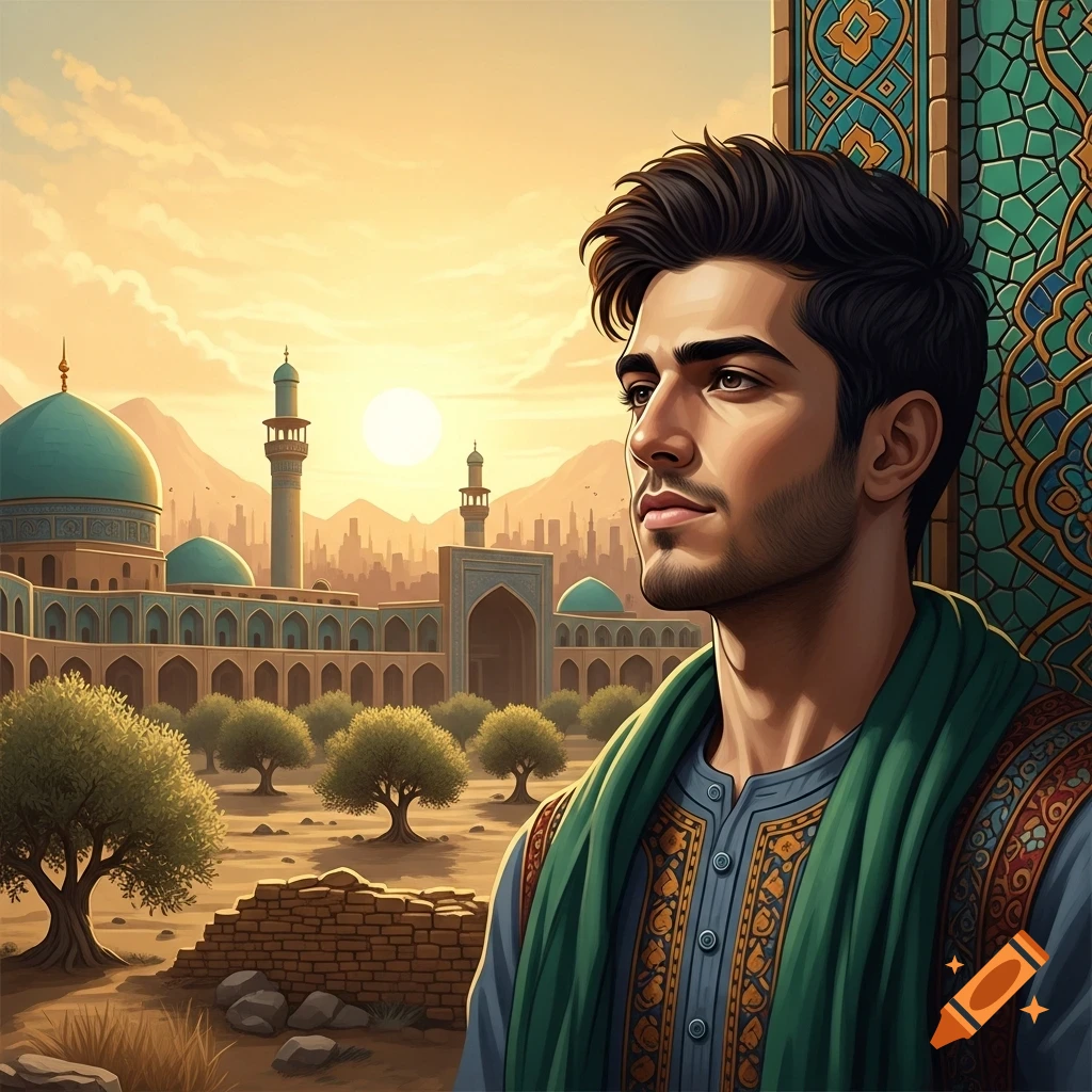 Digital art portrait of a young man in traditional attire, with a Middle Eastern city and mosques at sunset in the background.