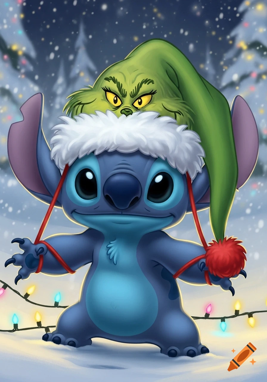 Cartoon Stitch wearing a Santa hat with the Grinch peeking from under it, surrounded by snow and colorful Christmas lights.