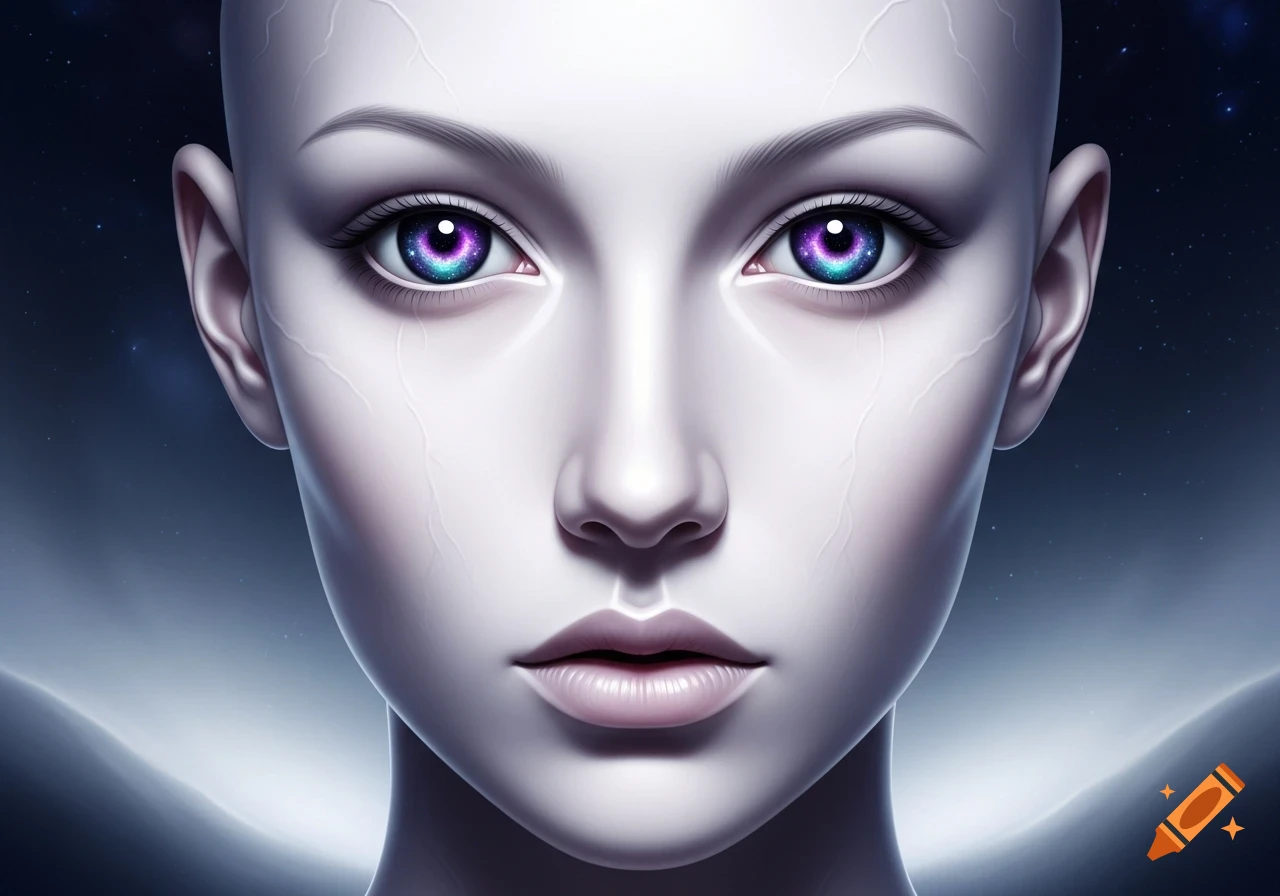 Close-up of a bald, pale human-like face with glowing galaxy eyes against a dark, starry background.