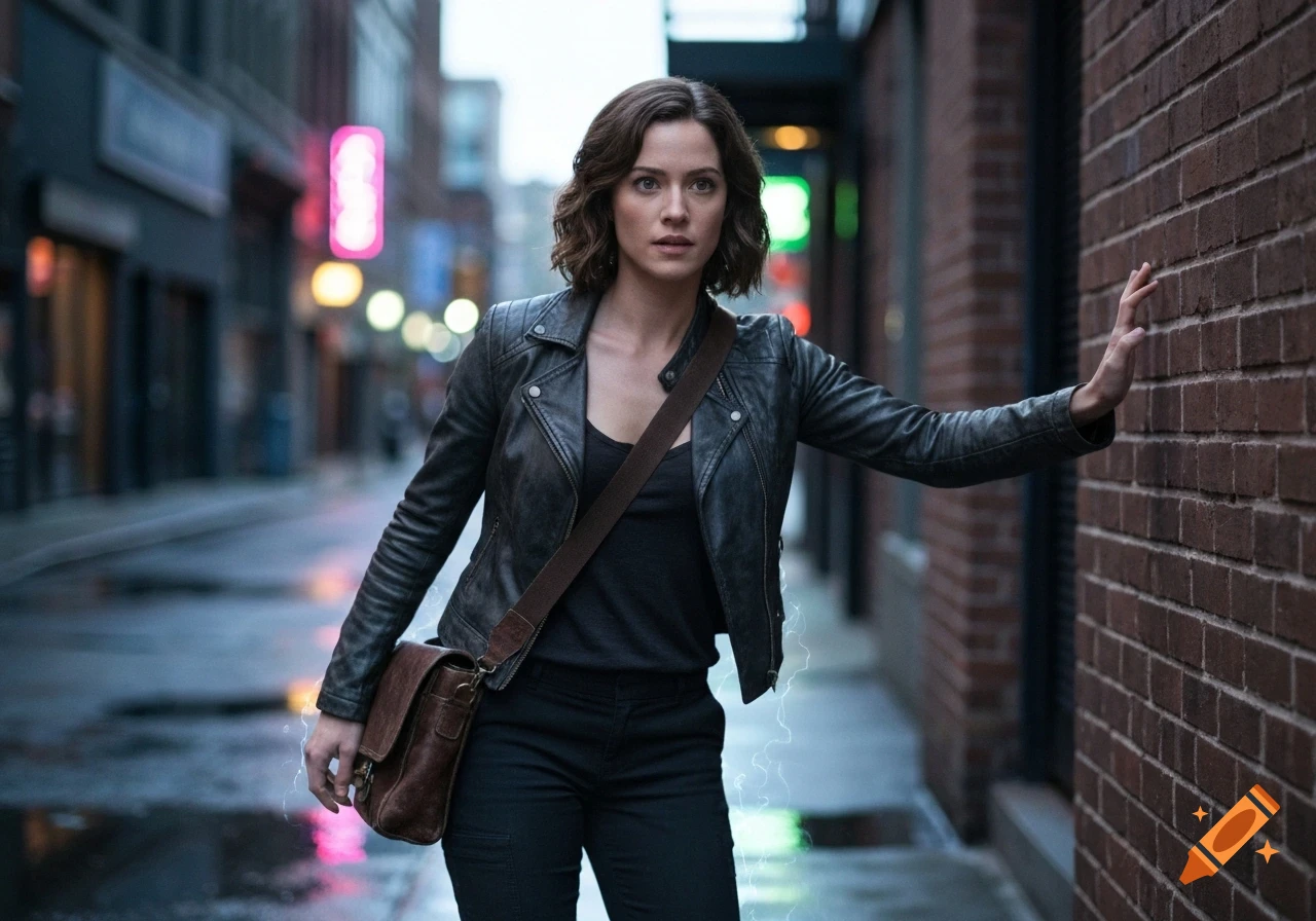 A woman with short brown hair in a leather jacket and messenger bag, standing on a wet urban street with subtle power effects around her.
