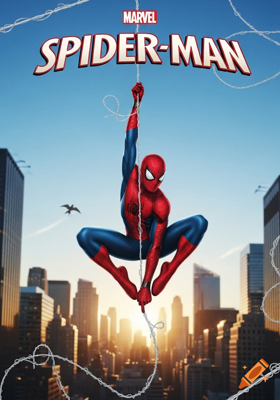 Spider-Man hangs upside down from a web against a clear blue sky, with a city skyline at sunset in the background.