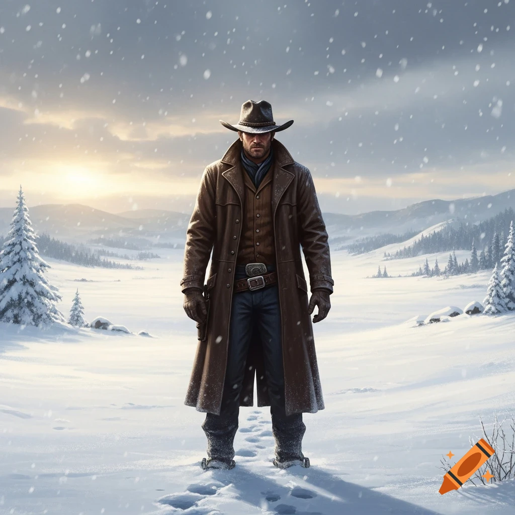 A lone cowboy stands in a snowy winter landscape with mountains, pine trees, and falling snow.