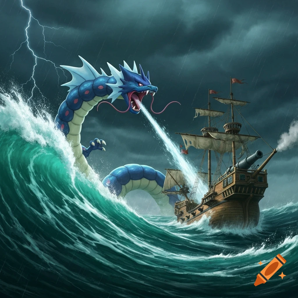 A giant blue Gyarados emerges from stormy waves, blasting water at a pirate ship under a lightning-filled sky.