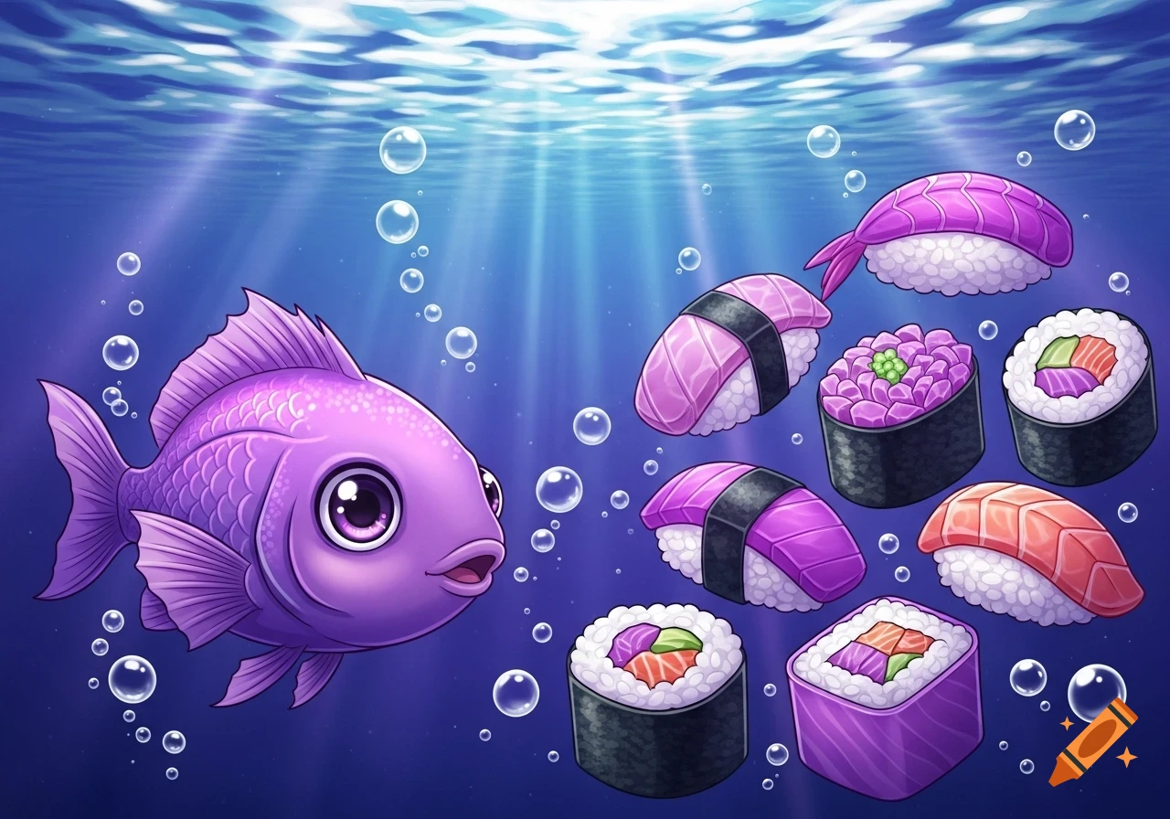 Cute purple anime-style fish swimming underwater with various purple sushi pieces.