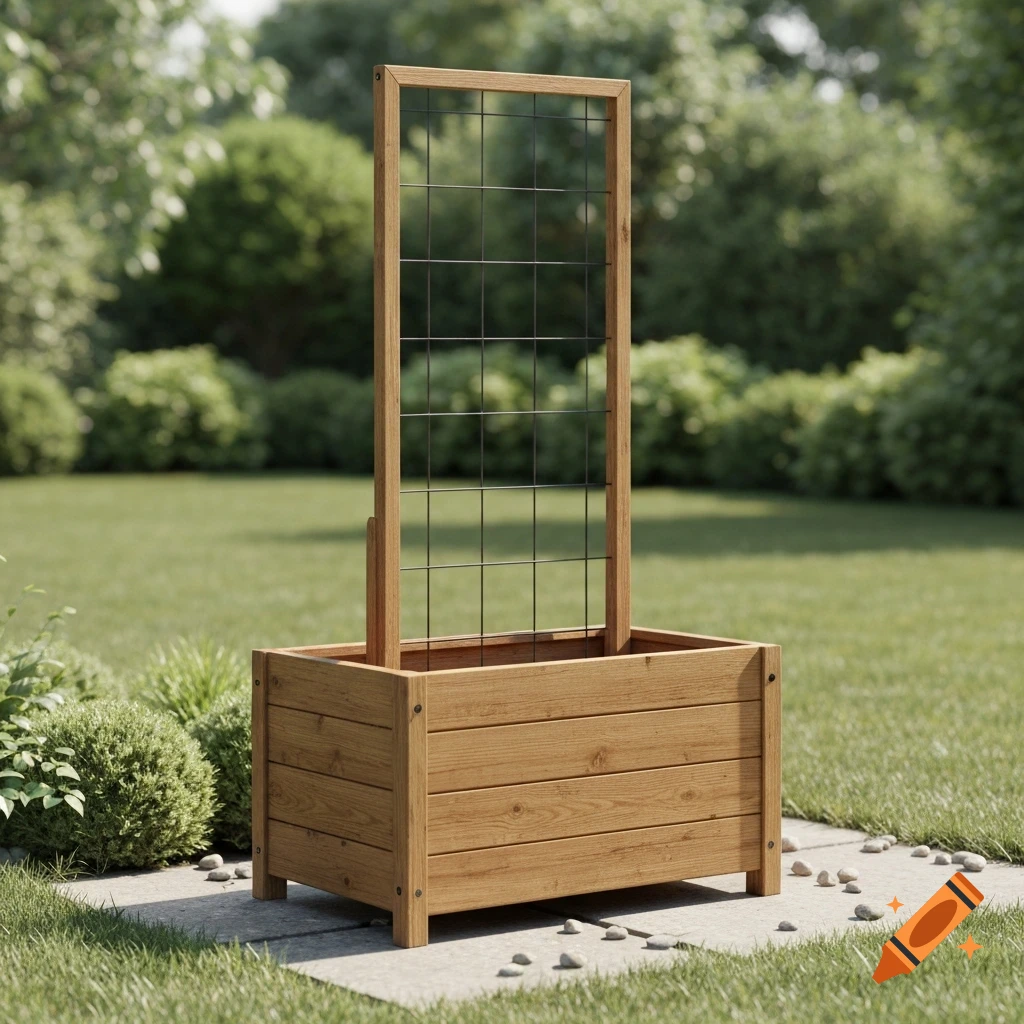 A wooden planter box with a tall metal trellis in a sunny garden, set on a stone path.
