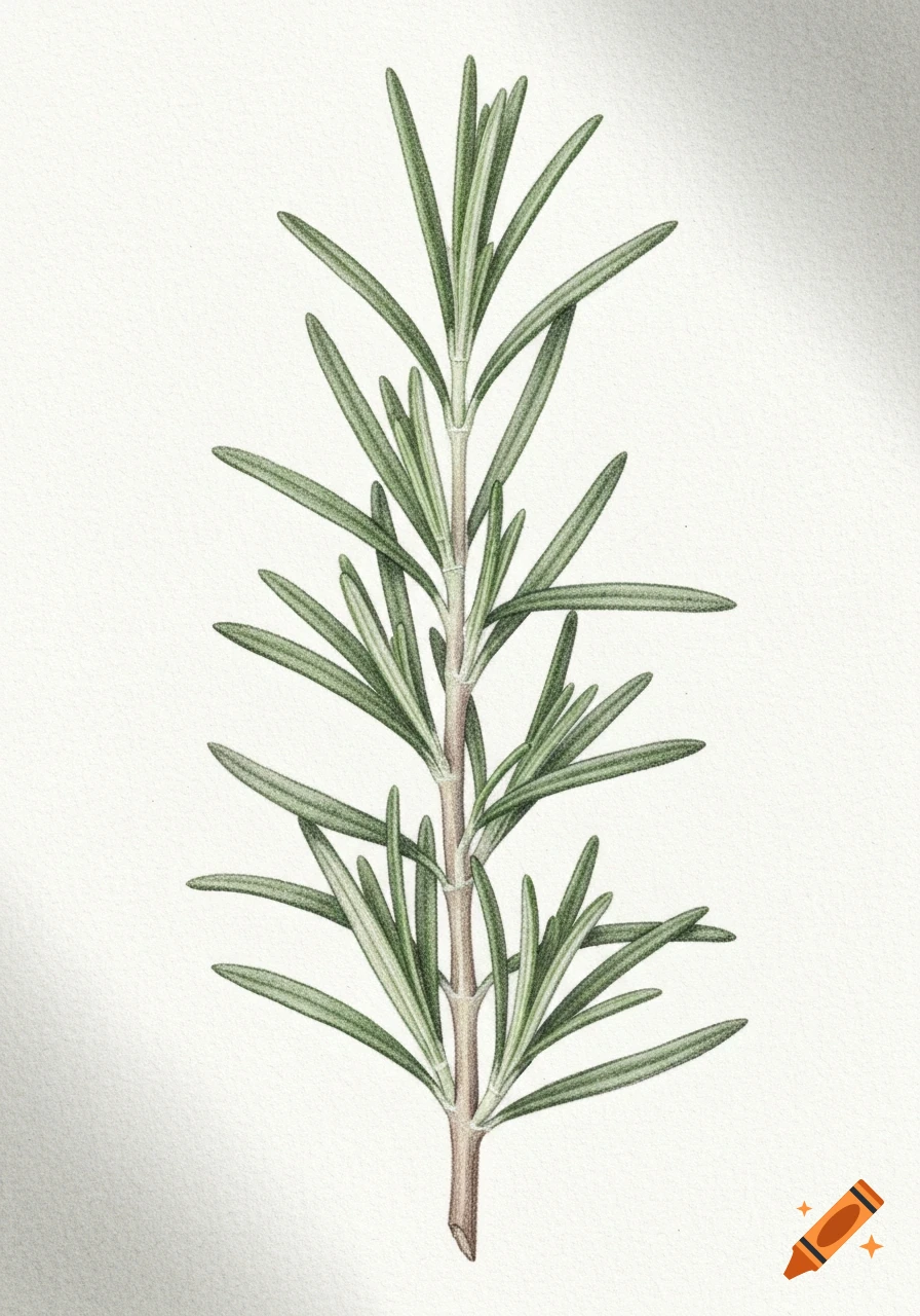 A detailed hand-drawn botanical illustration of a fresh rosemary sprig against a white background.