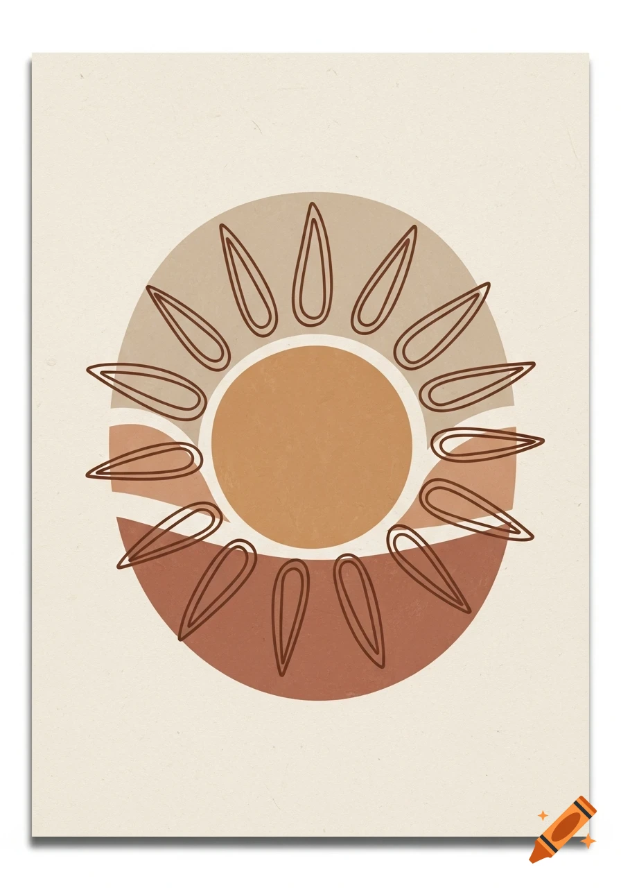 An abstract boho sun design featuring a central orange circle, framed by beige and terracotta arcs, with dark brown hand-drawn teardrop-shaped rays against a textured cream background.