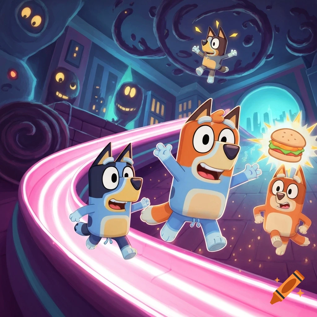 Cartoon dogs Bluey and Bingo run on a glowing pink track in a dark, stylized city with spooky faces, one dog holding a glowing burger.