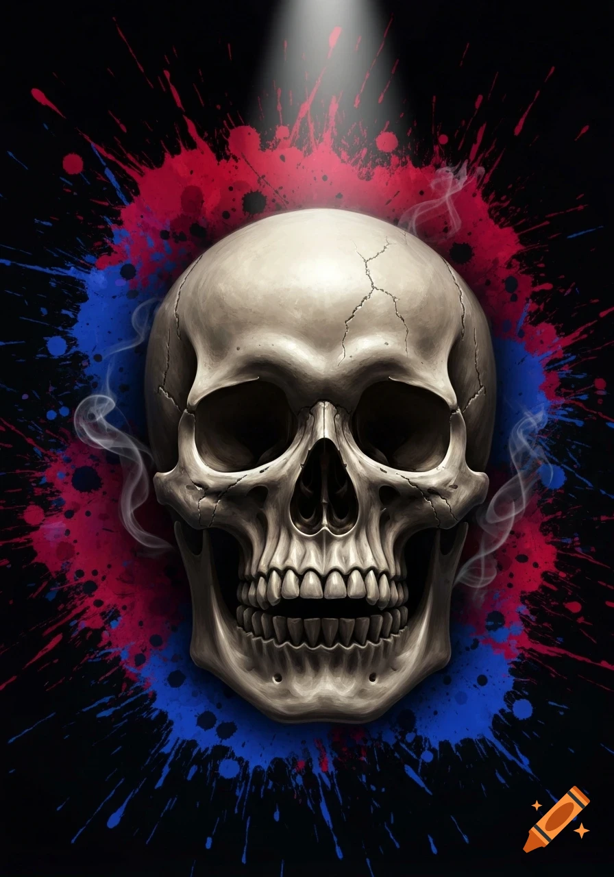 A detailed human skull with cracks, centered against a background of red and blue paint splatters and wisps of smoke, with a spotlight from above.