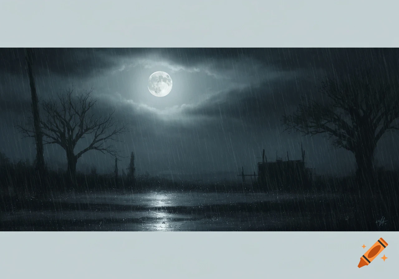 Gloomy, rainy night landscape with a bright full moon, its light reflecting on wet ground, silhouetted trees, and distant structures.