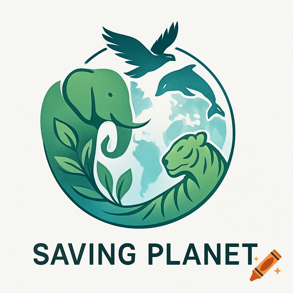 A circular logo with green animals (elephant, tiger, eagle, dolphin) around a blue globe, and the text "SAVING PLANET" below.