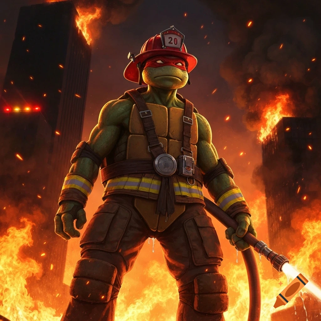 A Teenage Mutant Ninja Turtle firefighter with a red helmet and gear stands amidst burning city buildings, holding a hose spraying water.