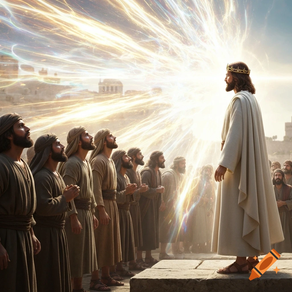 Jesus in white robes and a crown stands bathed in intense golden light, with a crowd of men looking up at him in a bustling city.