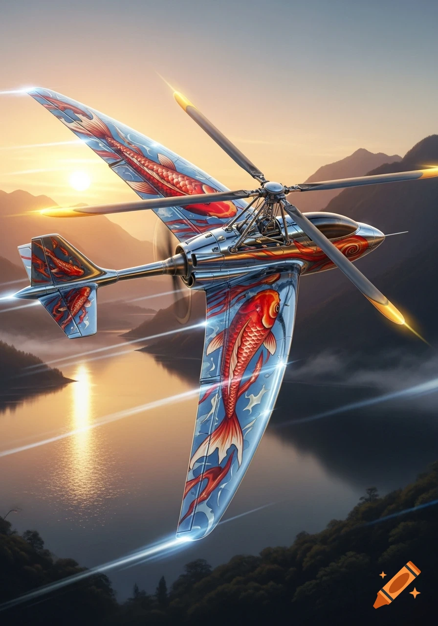 A stylized chrome aircraft with vibrant red and blue koi fish livery flies over a mountain lake at sunset, rotor blades spinning.
