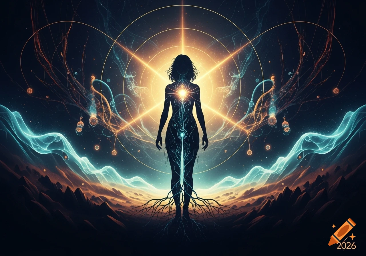 Abstract glowing female silhouette with roots, emanating light in a dark, mystical cosmic landscape with energy lines and '2026'.
