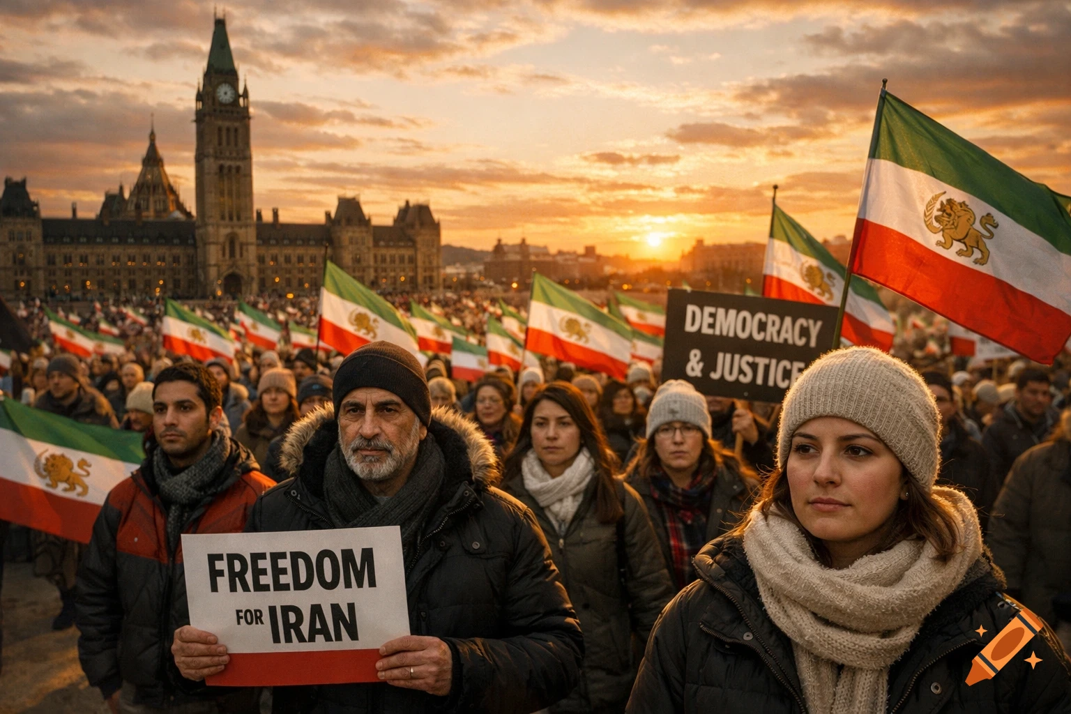 A photorealistic image of a large crowd marching at sunset in front of Canada's Parliament Hill, holding Iranian flags and signs that read "FREEDOM FOR IRAN" and "DEMOCRACY & JUSTICE".