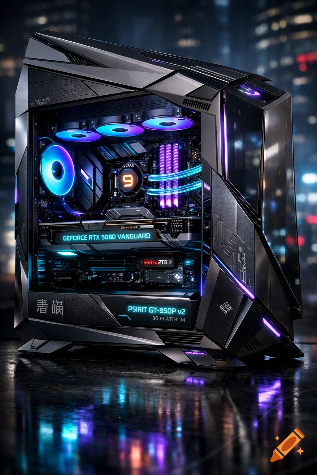 A dark, futuristic PC tower with angled panels and blue and purple RGB lighting against a blurred city background.