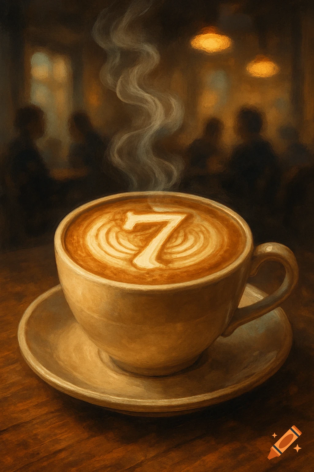 A steaming cappuccino with a number 7 latte art design in a dimly lit cafe, rendered in a painterly style.