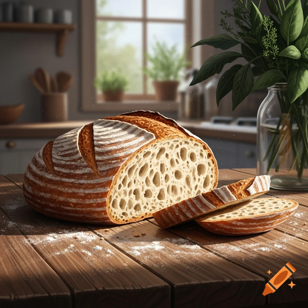 A sliced loaf of sourdough bread with a flaky crust and airy interior sits on a rustic wooden table with scattered flour in a sunlit kitchen.