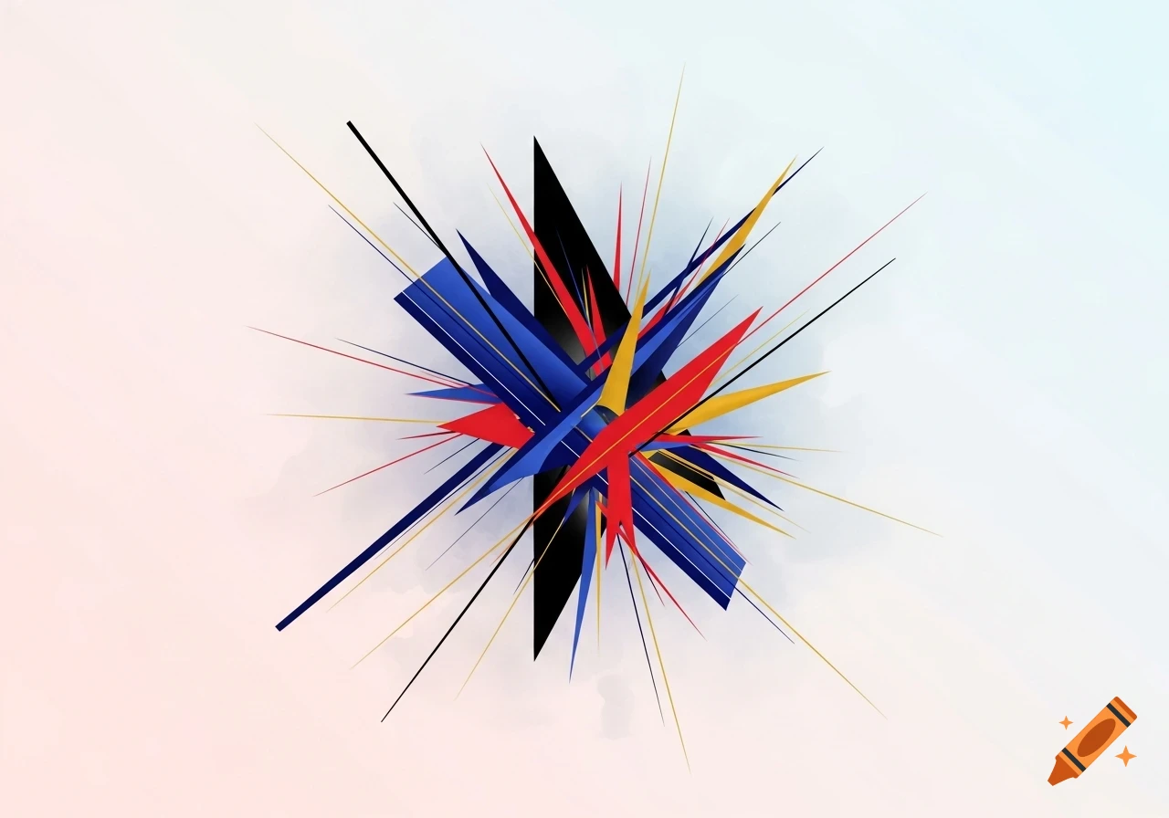 Abstract art with a central explosion of red, blue, yellow, and black geometric shards and lines against a white gradient background.