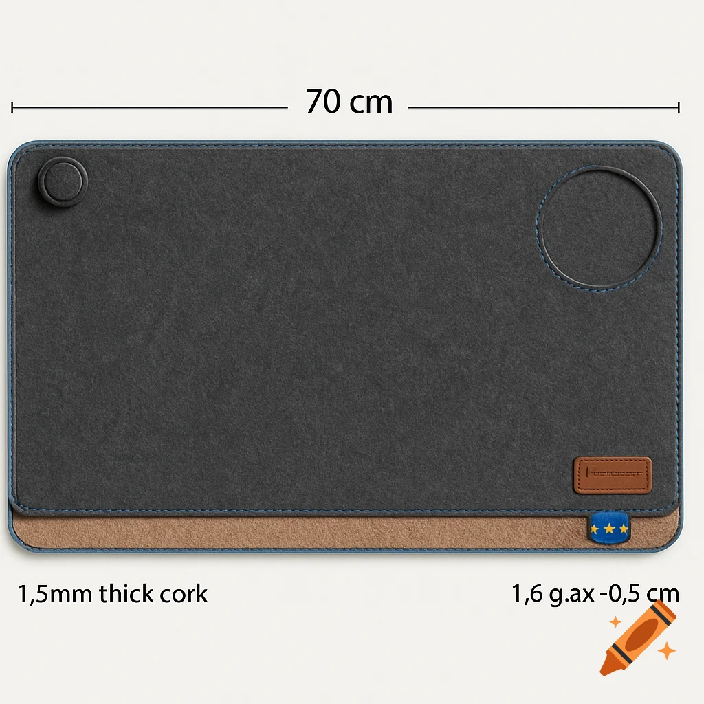 A dark gray felt desk mat with blue stitching on edges, a magnetic cable holder on the left, and a cup zone on the right. Dimensions and cork thickness are noted.