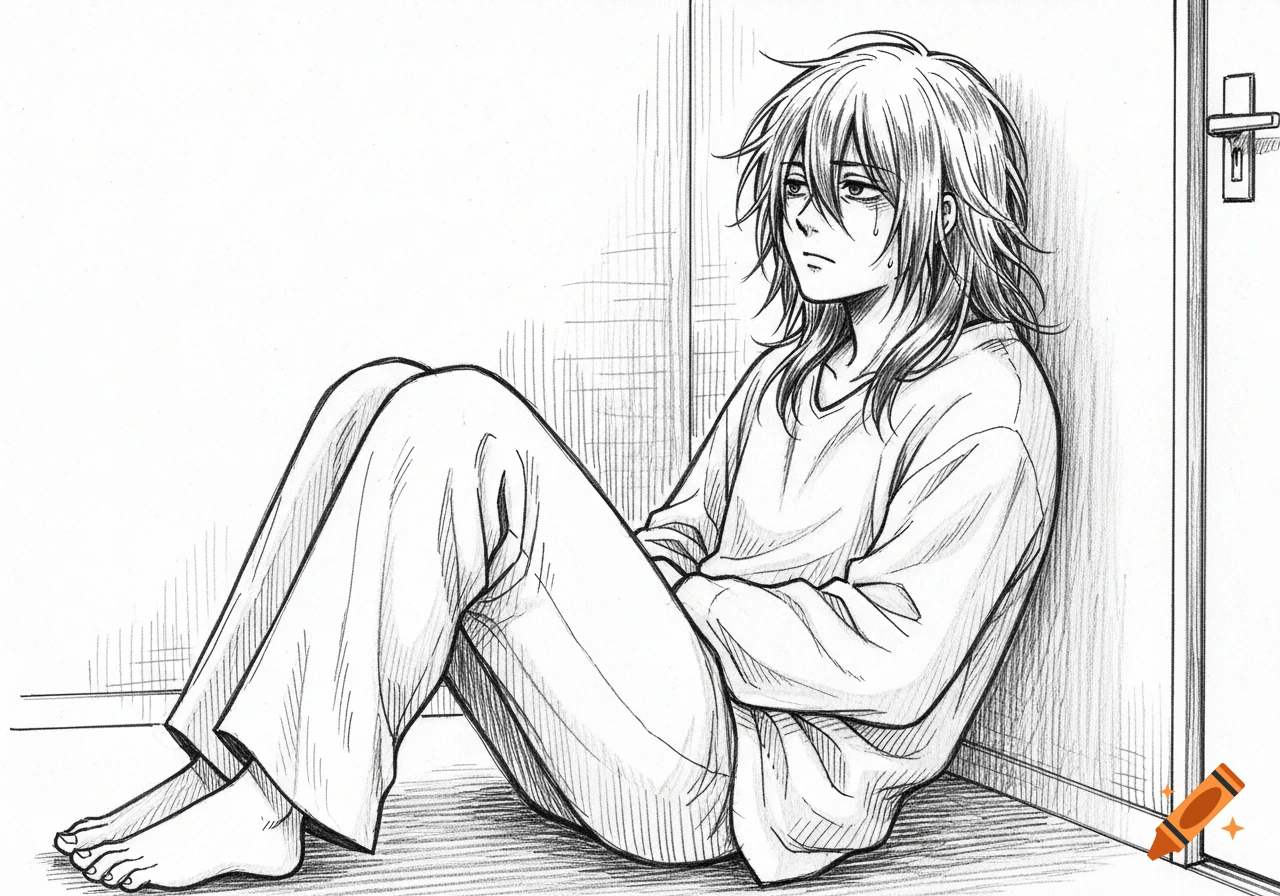 Black and white manga sketch of a sad, long-haired person slumped against a wall.