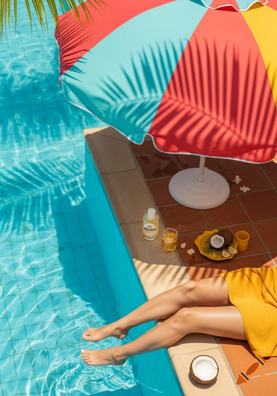 Overhead shot of legs dangling in a blue pool next to a colorful umbrella, with drinks, coconuts, and a bottle on the tiled edge.