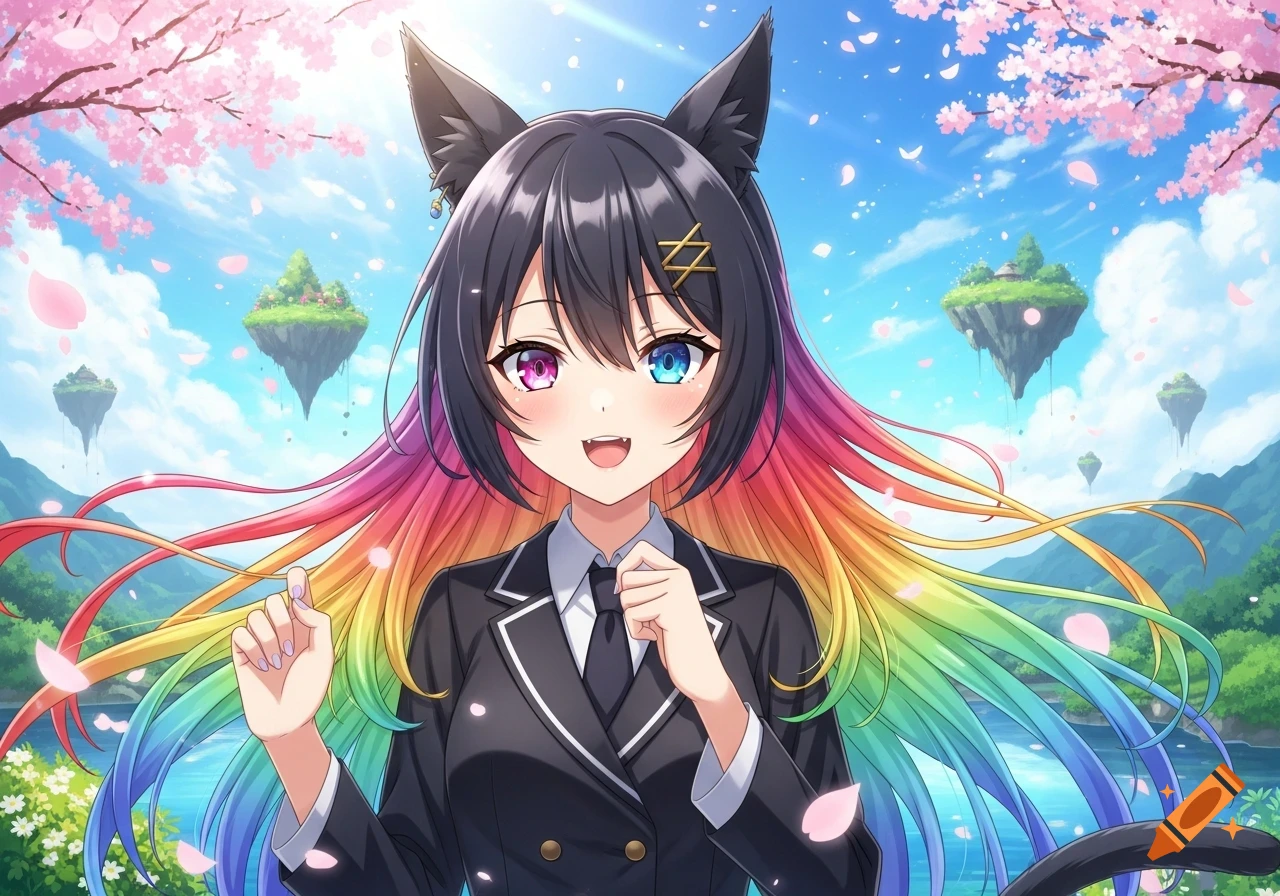 Smiling anime catgirl with rainbow hair and heterochromatic eyes in a vibrant fantasy landscape with floating islands and cherry blossoms.