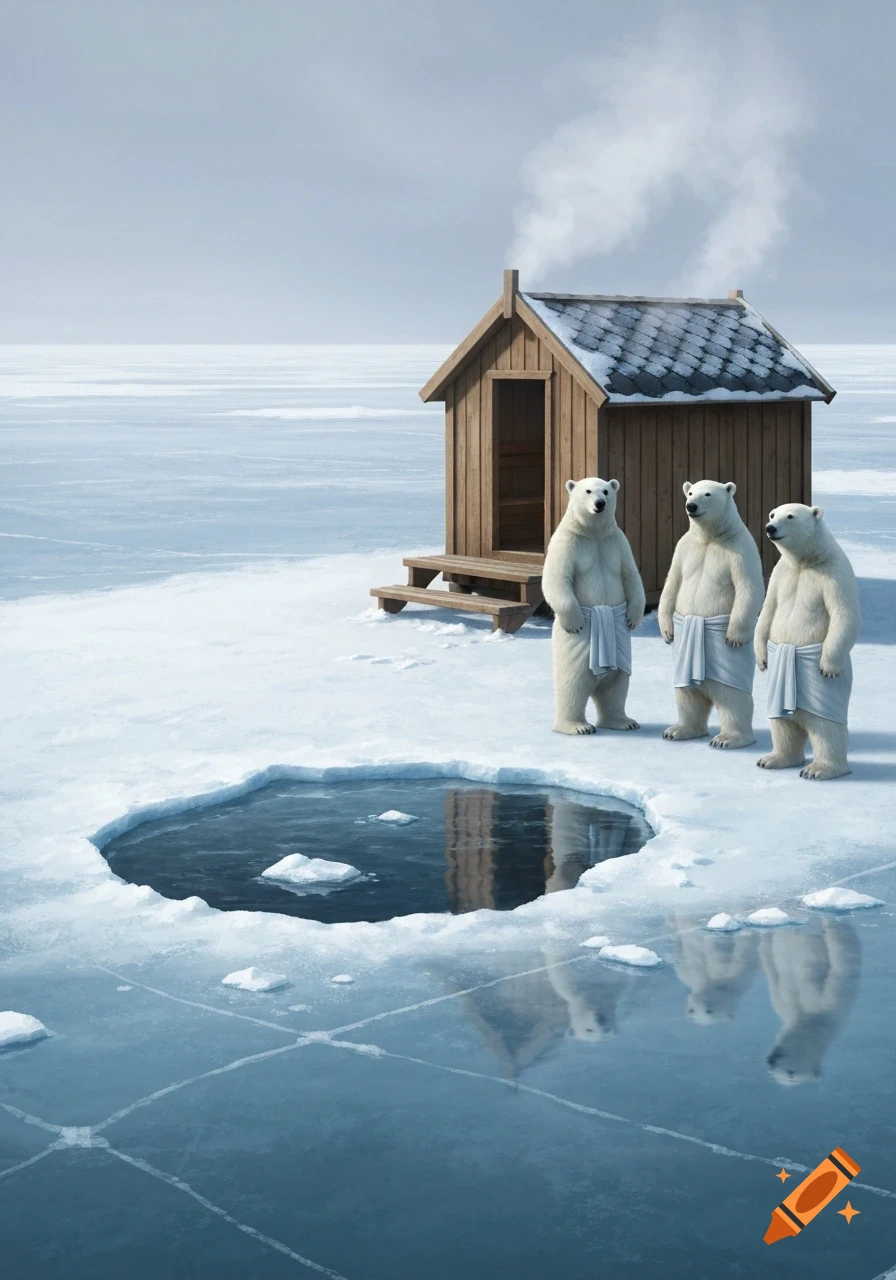 Three polar bears with towels around their hips stand beside a wooden sauna cabin and an ice hole on a frozen lake.