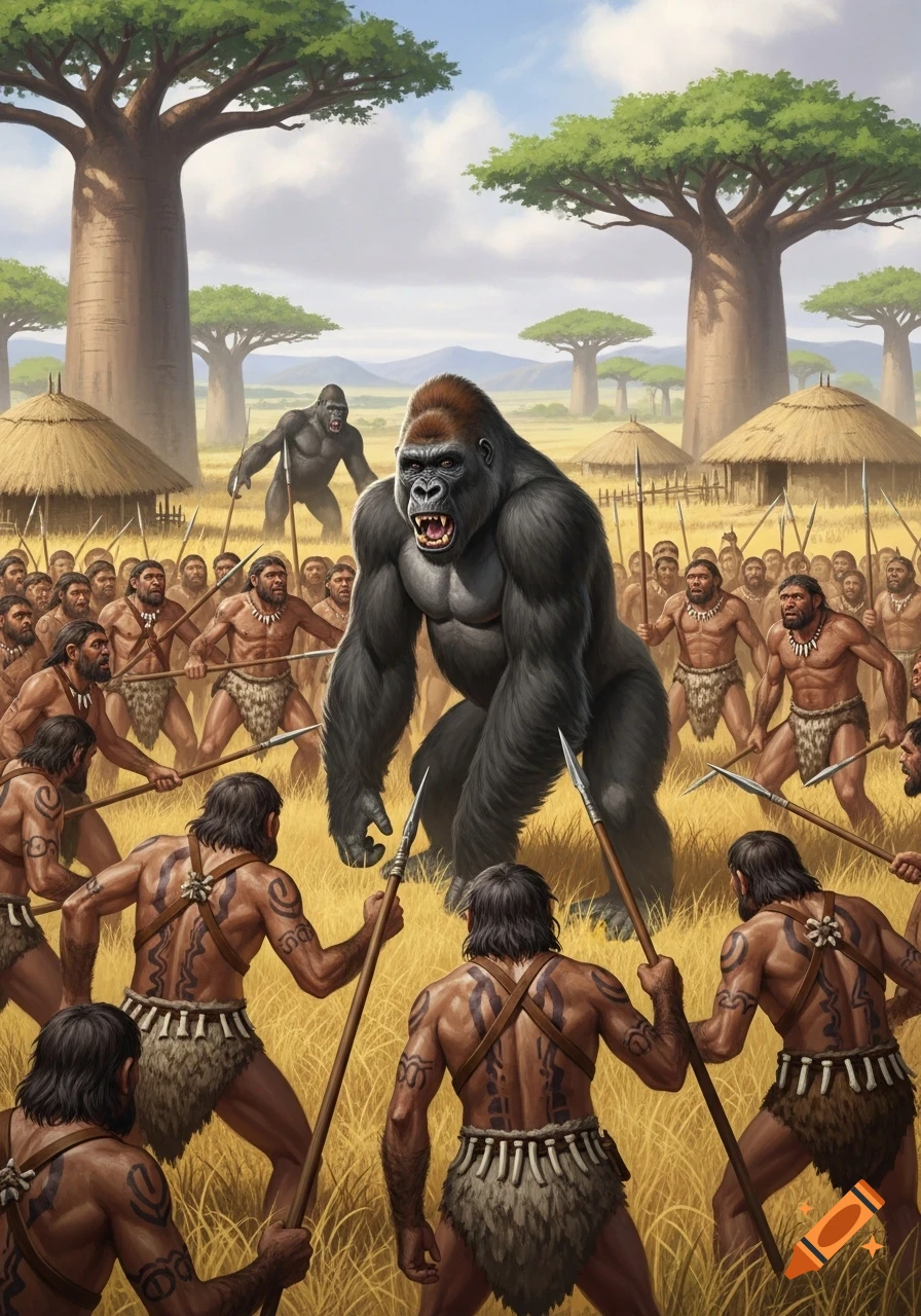 A large group of Neanderthal-like people with spears confront two massive gorillas in a grassy savannah with tribal huts and baobab trees.