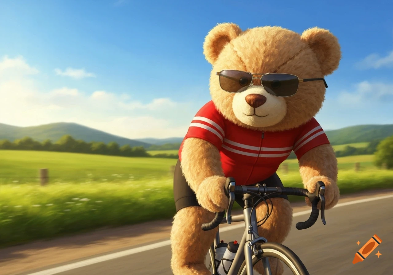 A cartoon teddy bear wearing sunglasses and a red cycling jersey rides a racing bike on a sunny road through green hills.