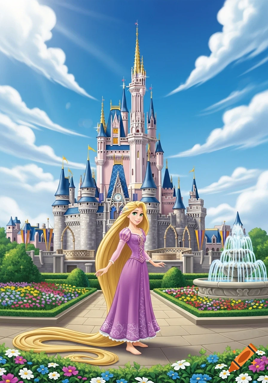 Rapunzel with long golden hair in a purple dress stands before a fairytale castle, fountain, and flower beds in a Disney-style illustration.