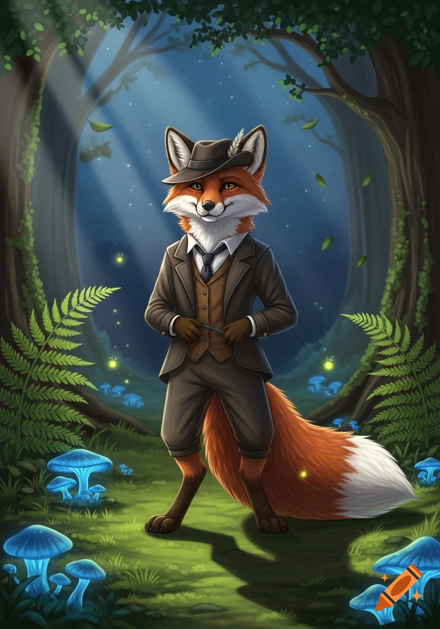 A well-dressed anthropomorphic fox in a fedora, standing in a magical forest with glowing blue mushrooms and fireflies.