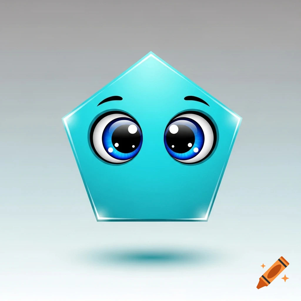 A shiny, light blue cartoon pentagon with large, dark blue eyes and black pupils, floating against a gradient background.