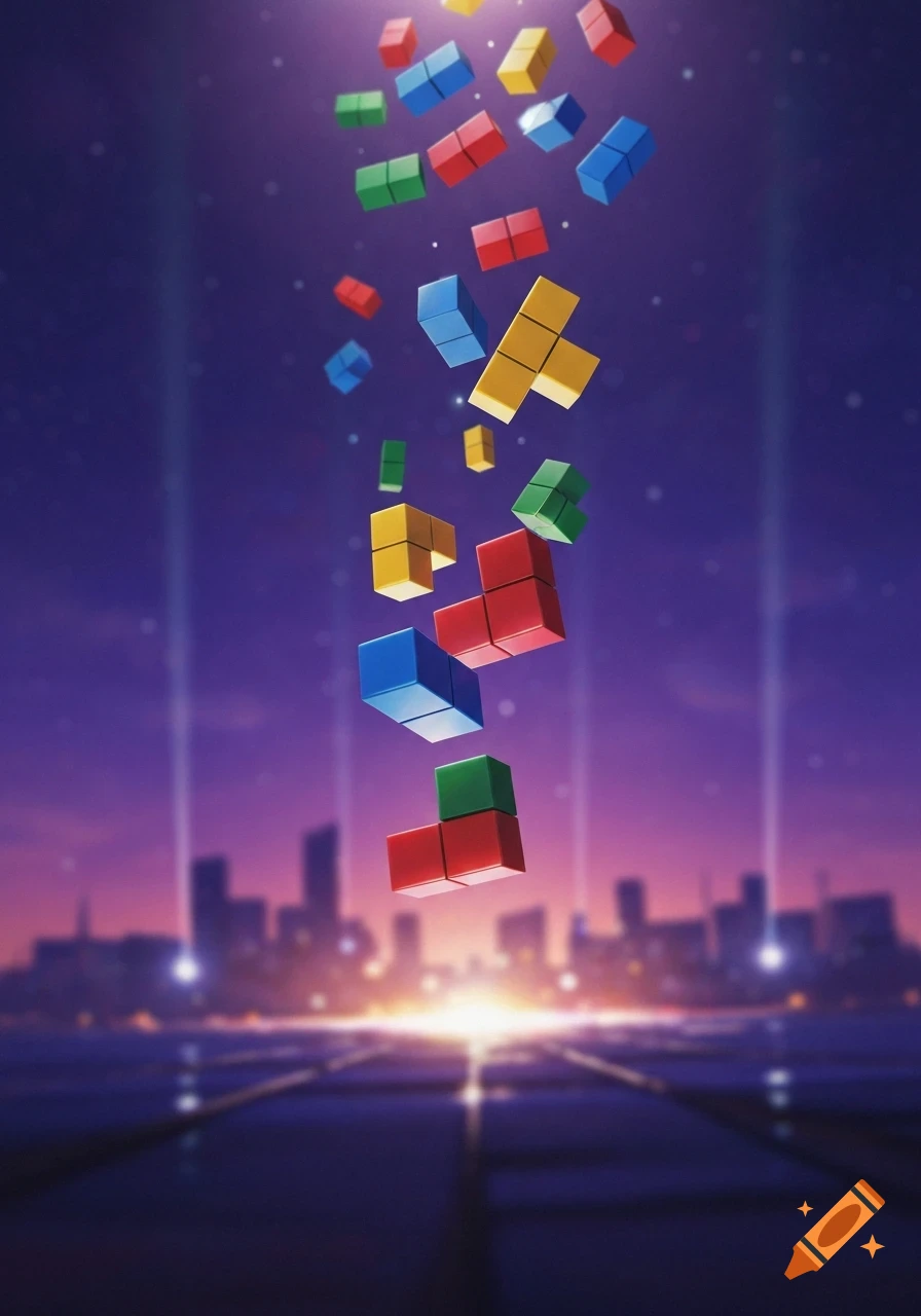 Colorful Tetris-like blocks fall from the sky above a stylized city skyline at dusk.