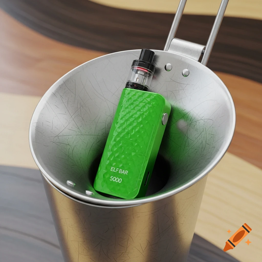 A green Elf Bar 5000 vape pen with a textured surface, placed in a scratched metal bucket.