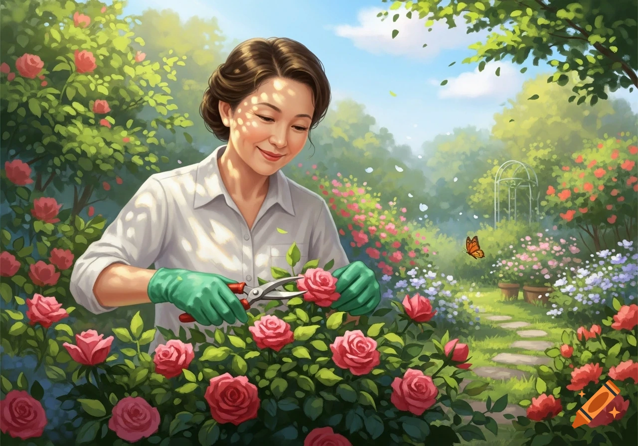 A smiling woman in green gloves prunes pink roses in a vibrant, sunlit garden, in an illustrative style.