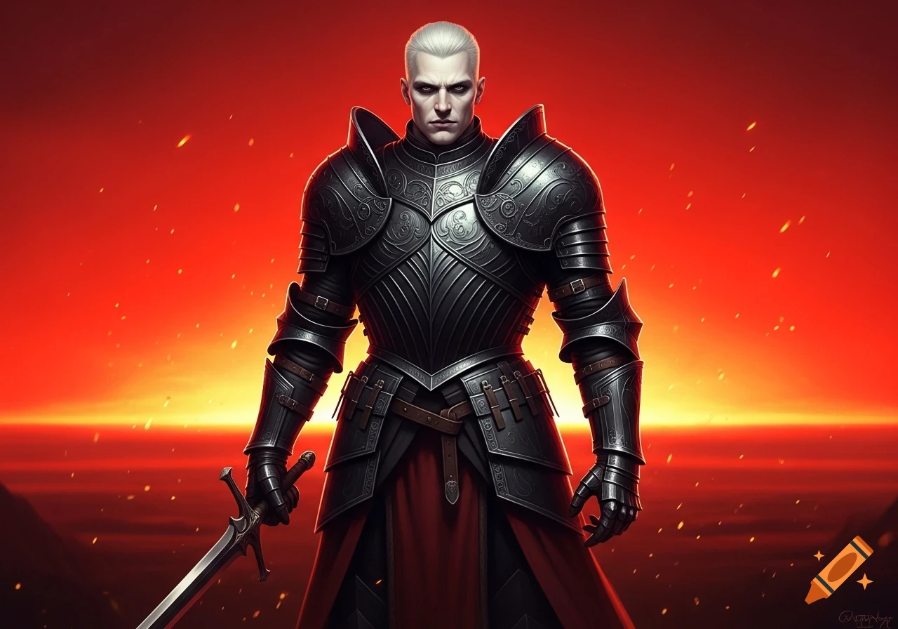 A knight with pale skin in dark, ornate armor stands holding a sword against a glowing red and orange sunset.