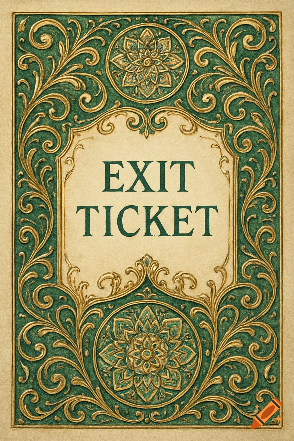 An ornate, green and gold framed 'EXIT TICKET' on a parchment-like background with scrollwork and mandalas.