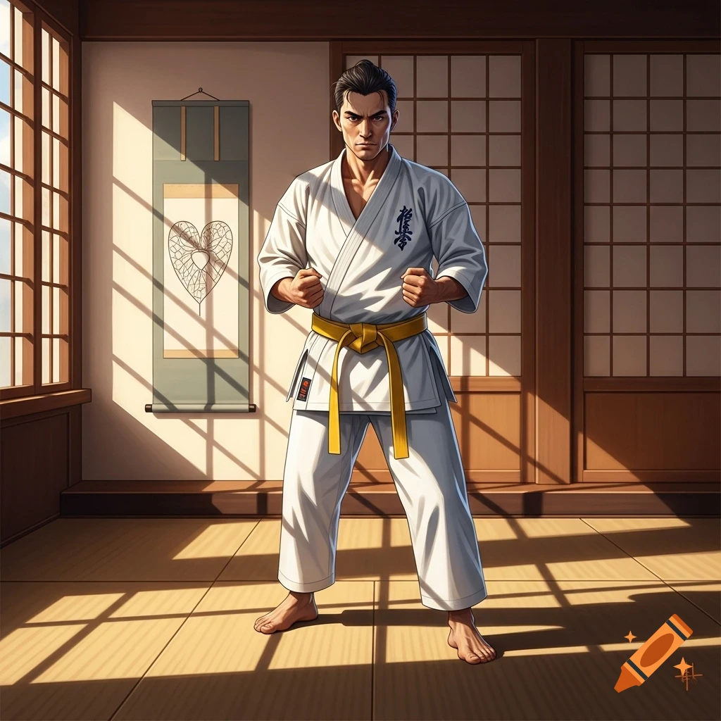 A determined man in a white karate gi with a yellow belt stands in a traditional dojo, illuminated by sunlight filtering through shoji screens.