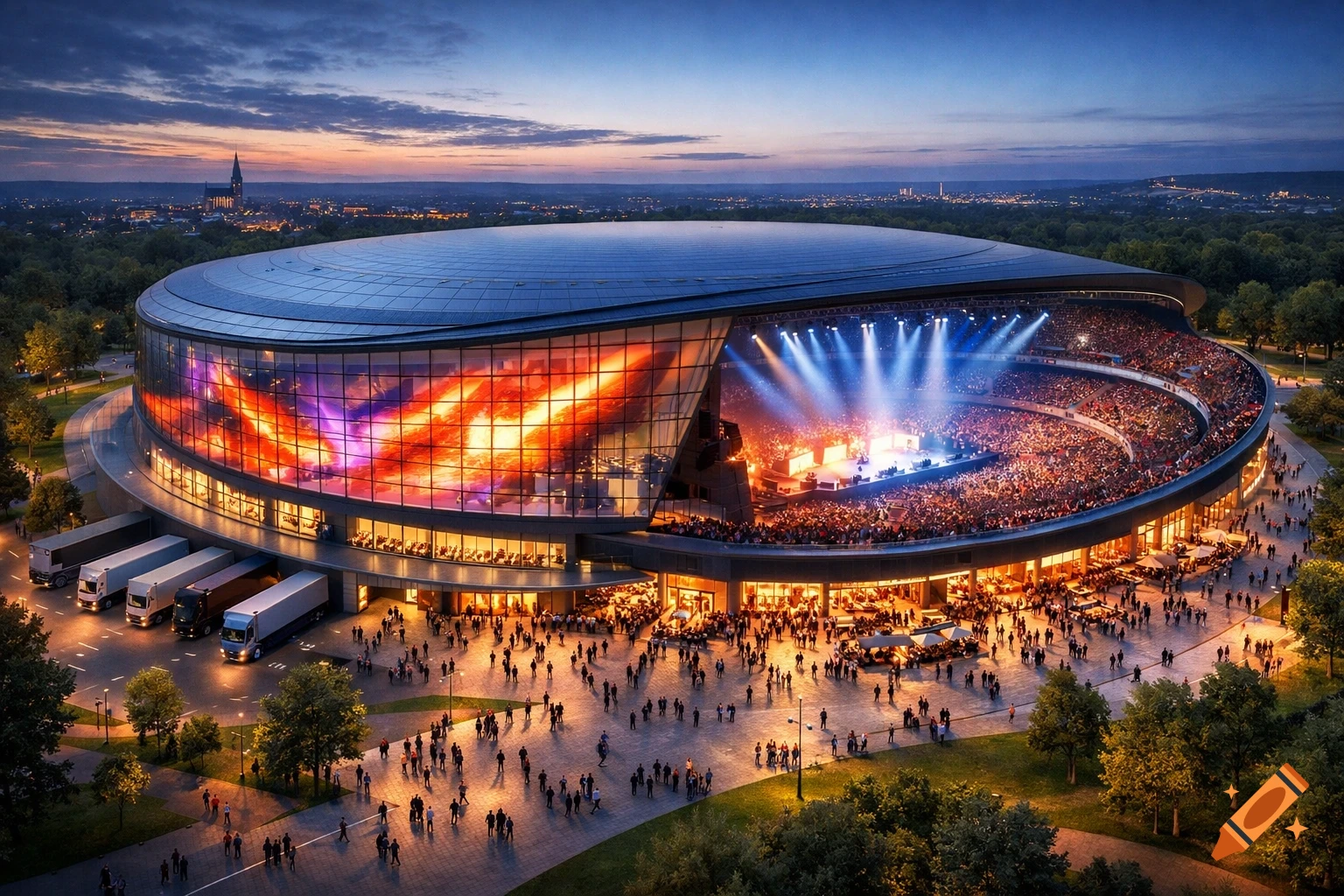 Aerial view of a modern elliptical music arena at dusk, with a vibrant concert inside and a large crowd gathered outside.