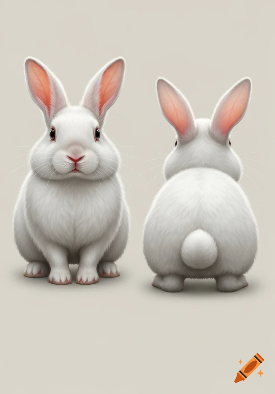 Two fluffy white bunnies, one facing forward and one showing its back, on a light background.