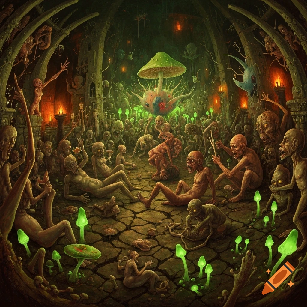 Dark, nightmarish scene with grotesque, emaciated figures gathering around glowing mushrooms in a cavern, in the style of Hieronymus Bosch.