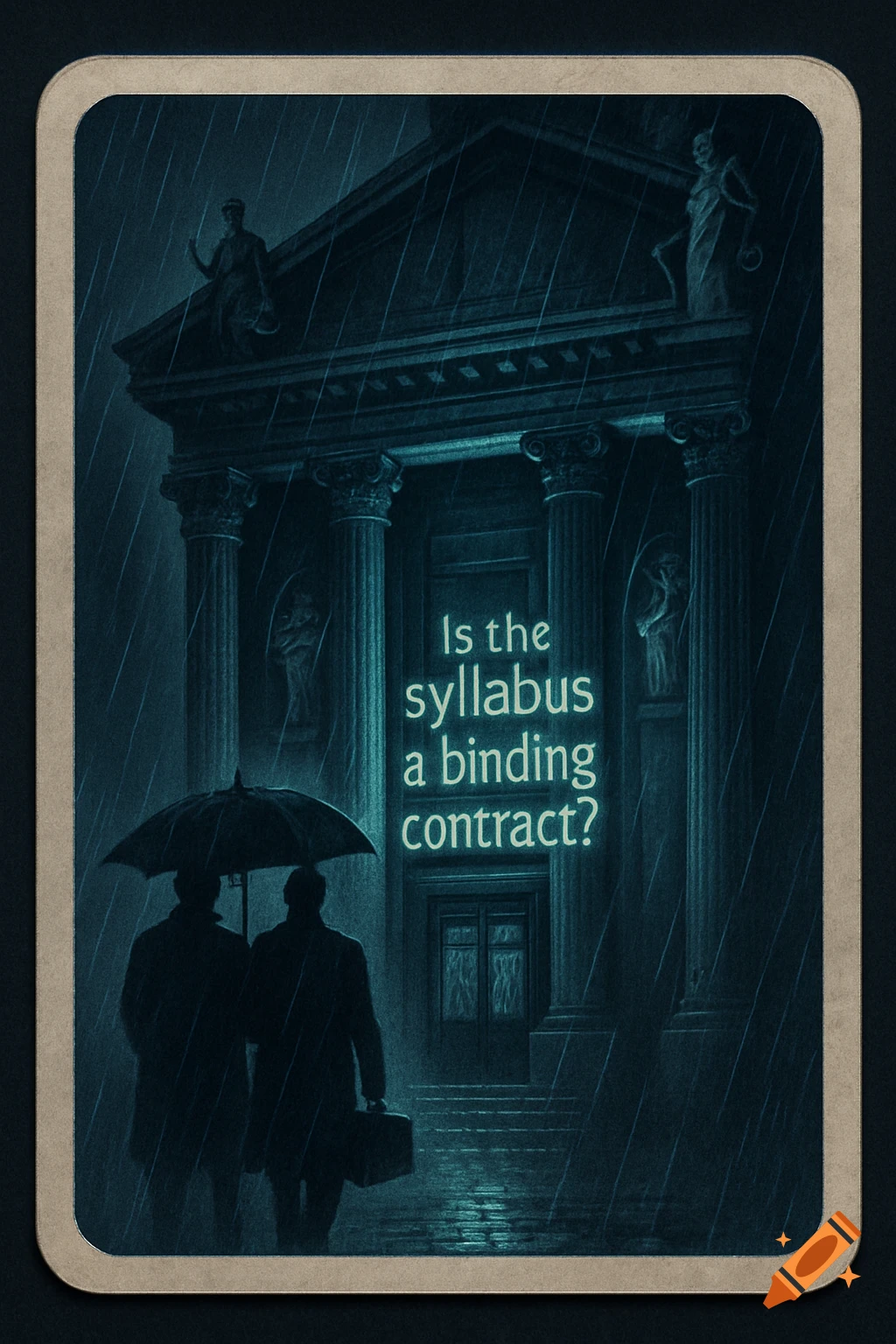 A neo-noir illustration of two shadowy figures with an umbrella walking towards a classical building in the rain. Text reads: Is the syllabus a binding contract?