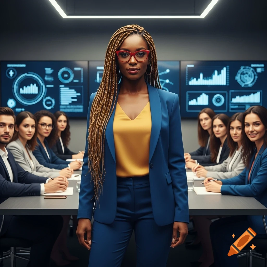 A photorealistic image of an African American woman with long braids and red glasses standing in a boardroom in front of colleagues and data screens.