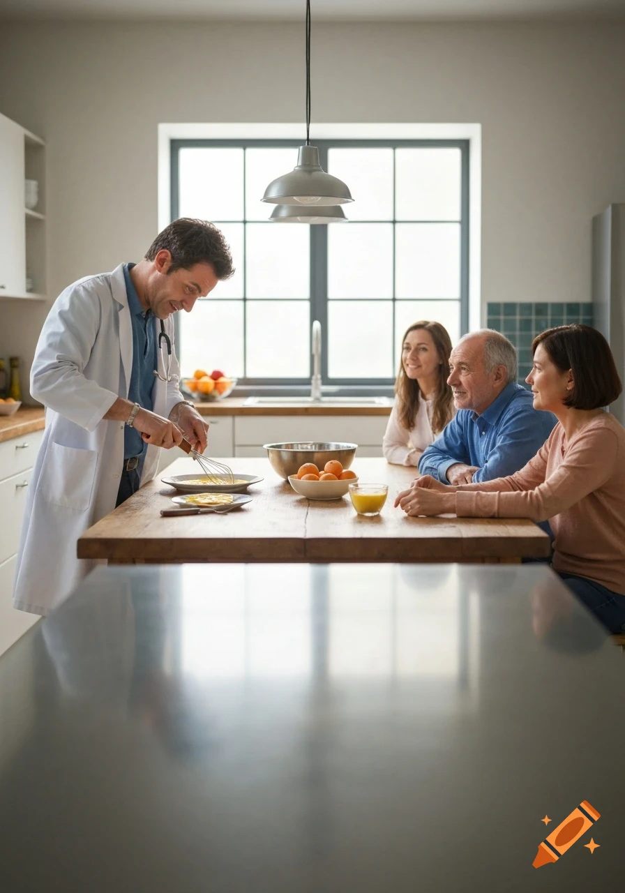 A doctor in a white coat prepares an omelette at a kitchen island, watched by a family.
