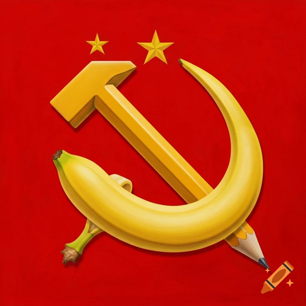 A reimagined USSR symbol with a yellow pencil as the hammer, a yellow banana as the sickle, and two yellow stars on a vibrant red background.