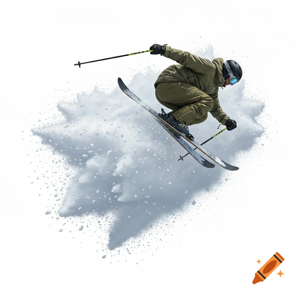 Photorealistic male skier in olive green gear mid-air, performing a trick over an explosive cloud of snow against a white background.